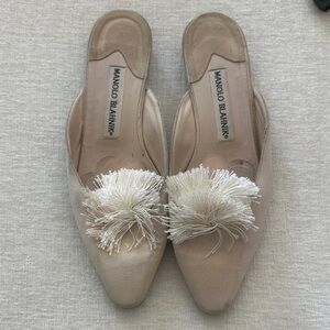 Manolo Blahnik Beige Suede Tassel Mules
